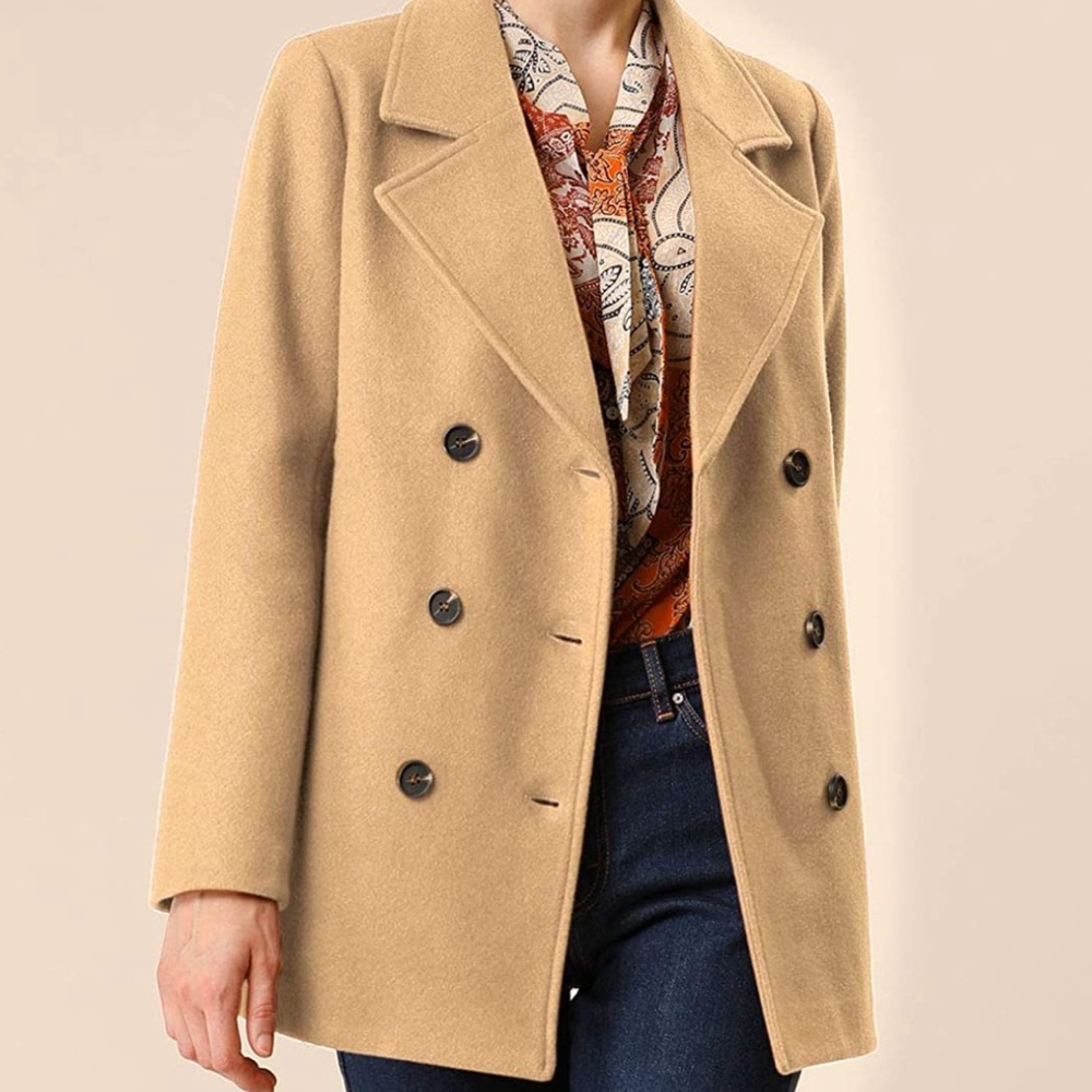 Allegra K Women's Long Sleeves Double Breasted Button Winter Outerwear Pea Coat